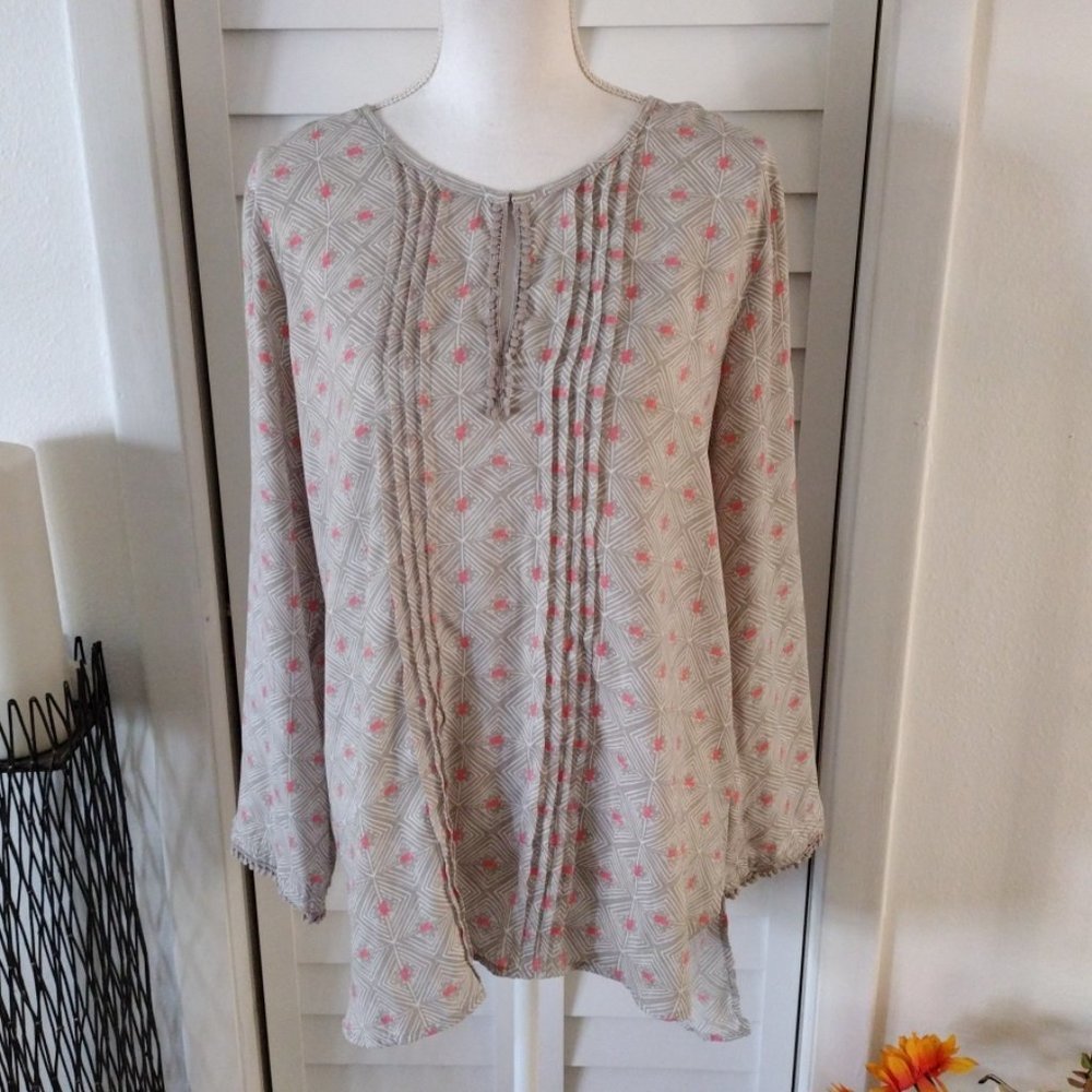 Sigrid Olsen Gray & Pink keyhole pleat long sleeve lightweight tunic blouse Sz M